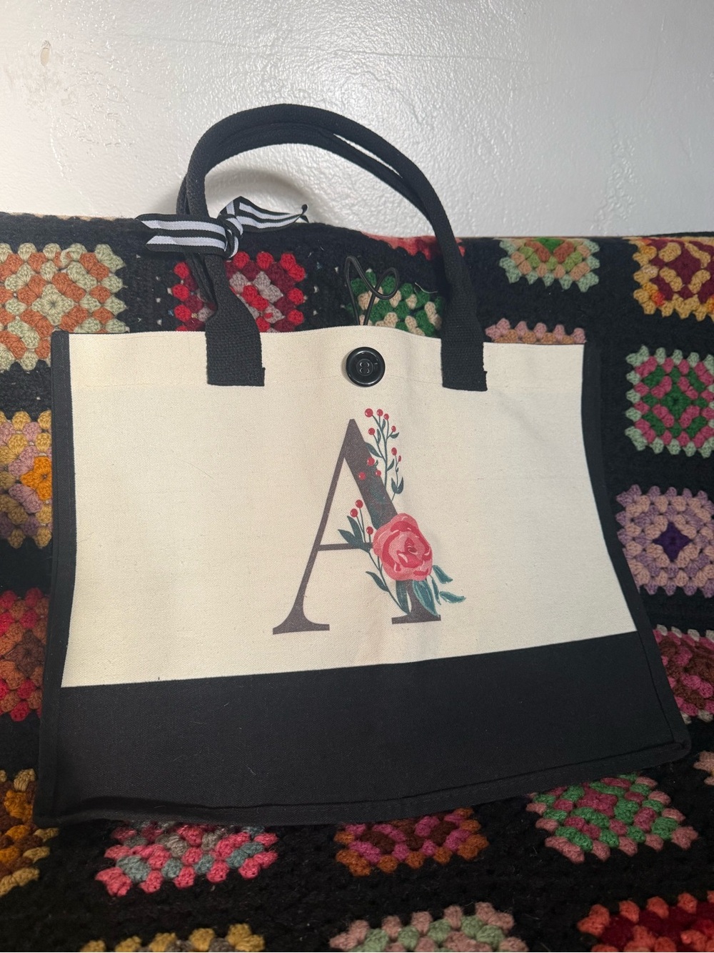 Monogram 'A' Canvas Tote Bag in Black and Cream